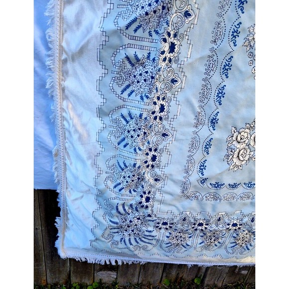 Alpha Ittech Tex Printed Blue Gray Silver Floral Tablecloth 85x53 Geometric Star - Picture 11 of 11